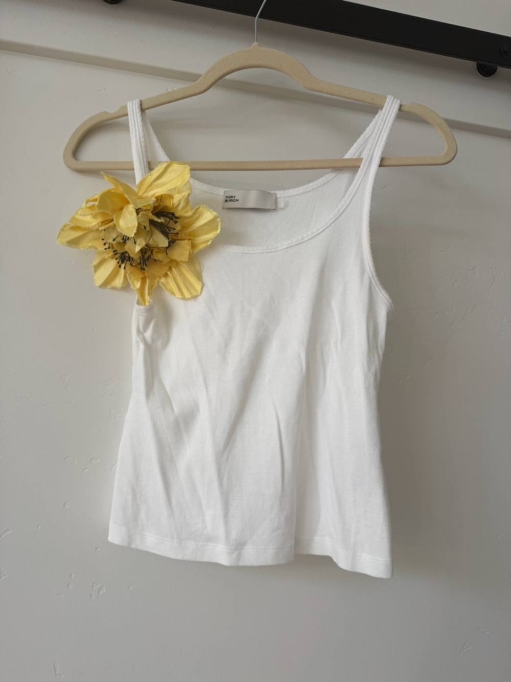 Tory Burch White Tank with Detachable Yellow Floral Pin